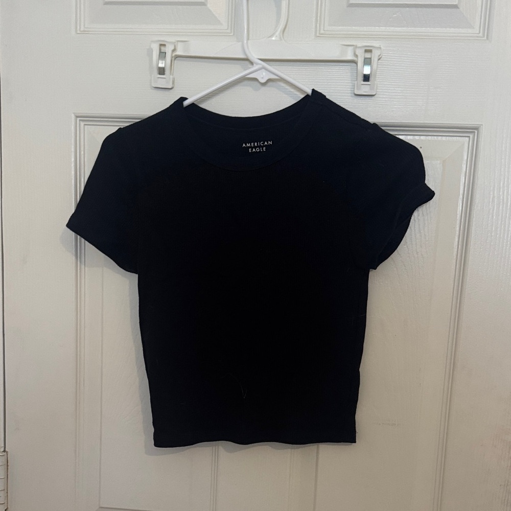 American Eagle cropped waffle knit tee black
